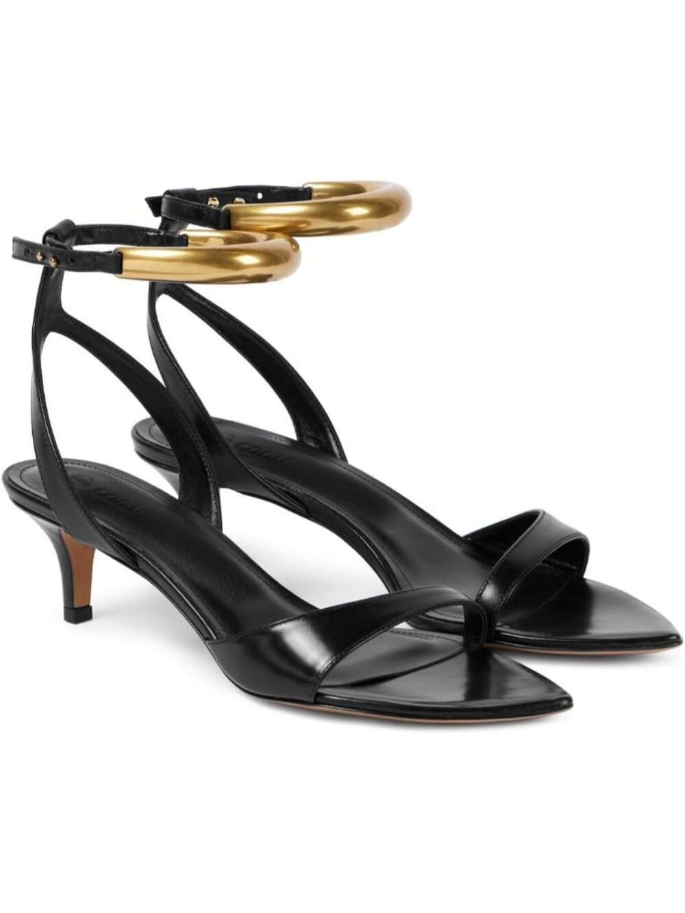 Women's Black Strappy Pointed Open Toe One Strap Metal Low Kitten Heels